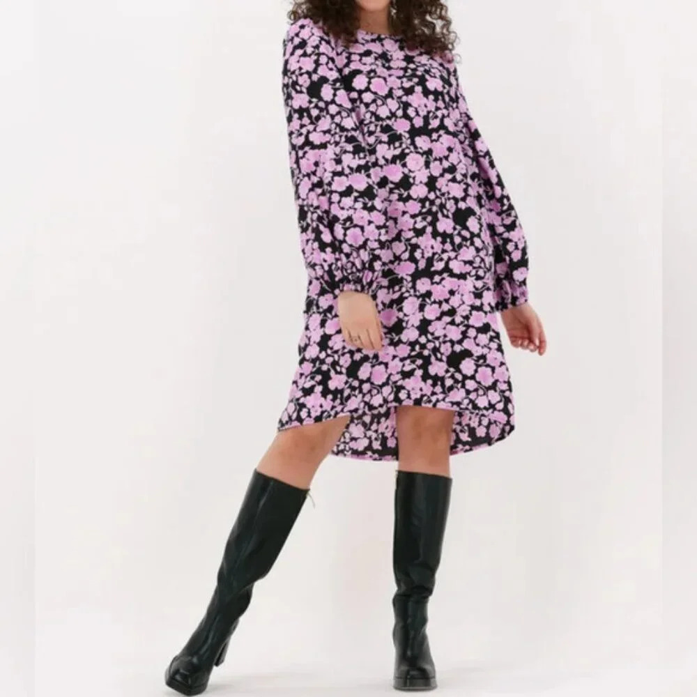 MSCH Copenhagen Women's Ladonna LS Floral Balloon Sleeve Black Pink Dress Size L